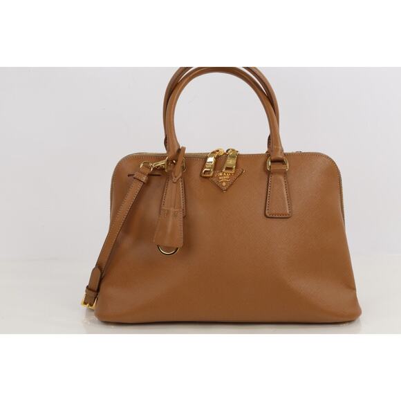 Prada Saffiano Lux Promenade Tan Brown Leather Double Zip Medium Satchel Bag - Picture 2 of 16
